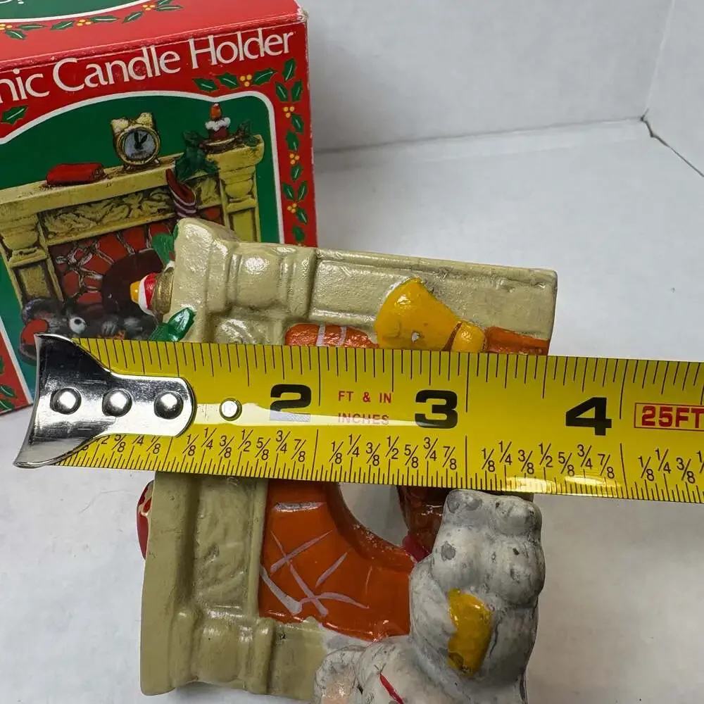 Vintage Ceramic Christmas Candle Holder sleeping Mouse by Fireplace with Box